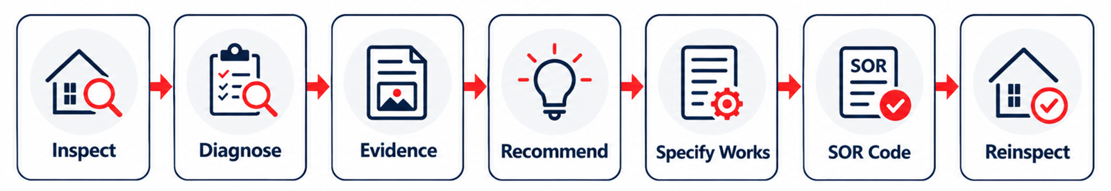 DampRo UK workflow showing Inspect, Diagnose, Evidence, Recommend, Specify Works, SOR Code and Reinspect